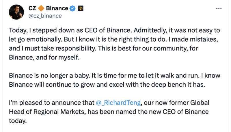 赵长鹏发布推文宣布辞去币安首席执行官职务，并表示自己犯了错误，必须承担责任 ...